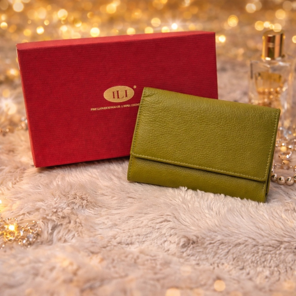 ILI Olive Green Leather Bifold Wallet Card Holder